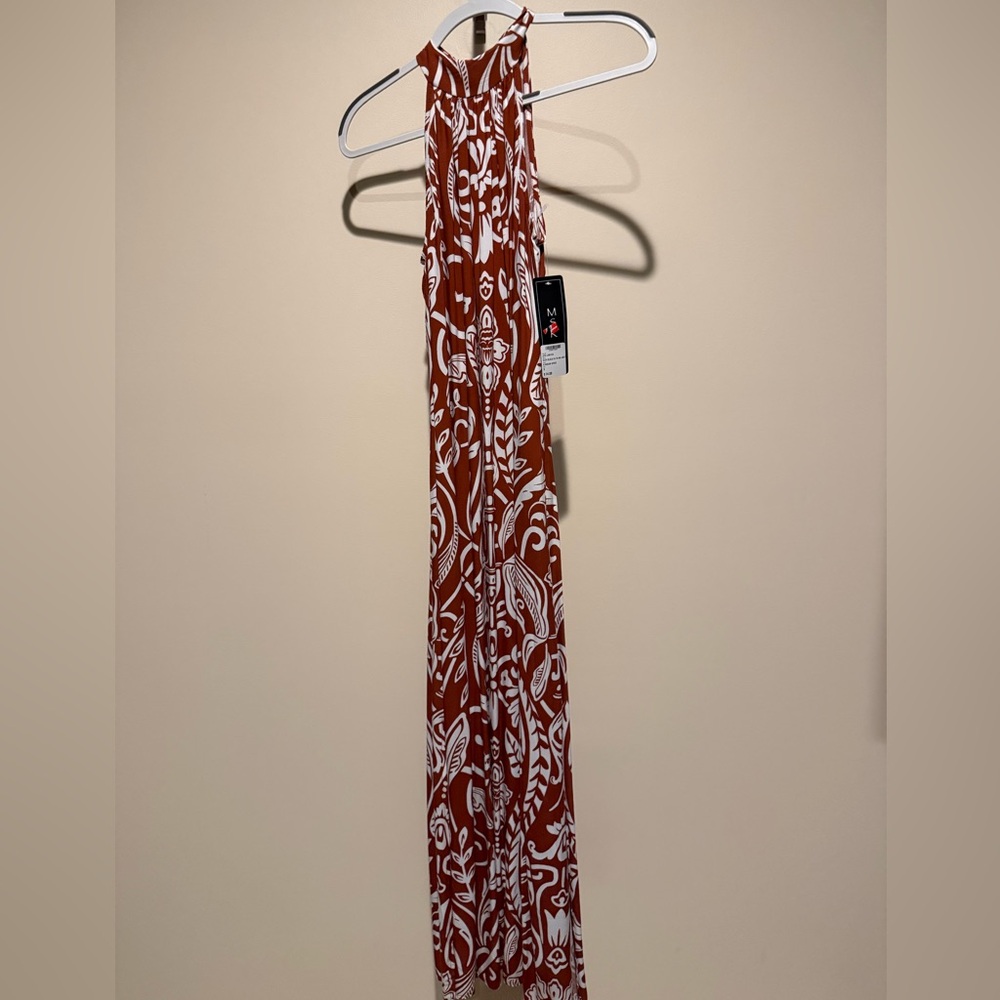 MSK Arabian Spice Brown & White Halter Dress with Bold Floral Print